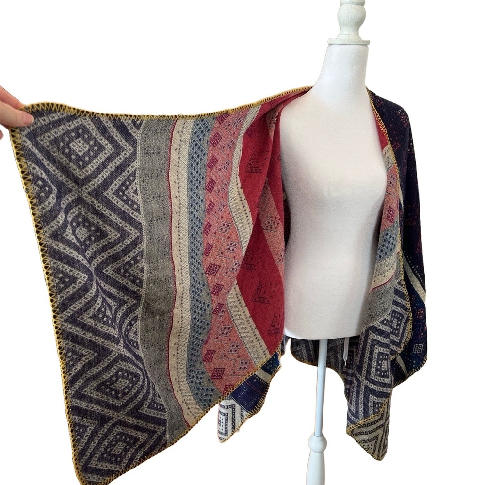Olive Street Shawl One Size Multicolor Folk Aztec Print Open Front Bohemian - Picture 5 of 12
